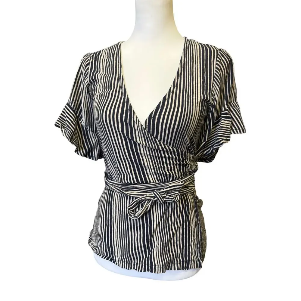 Free people womens M black and cream striped wrap top flutter sleeve tie waist